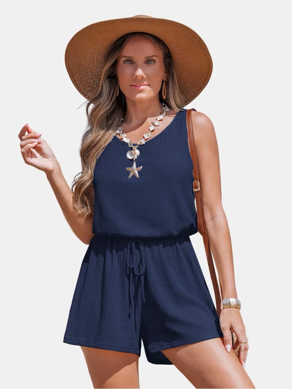 Cupshe Navy Sleeveless Waffle Romper